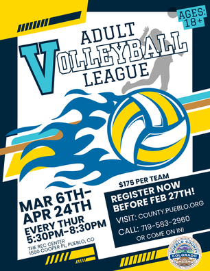 Picture of Volleyball League flyer by Sampson. Links to Pueblo County Recreation (PCR) Page.