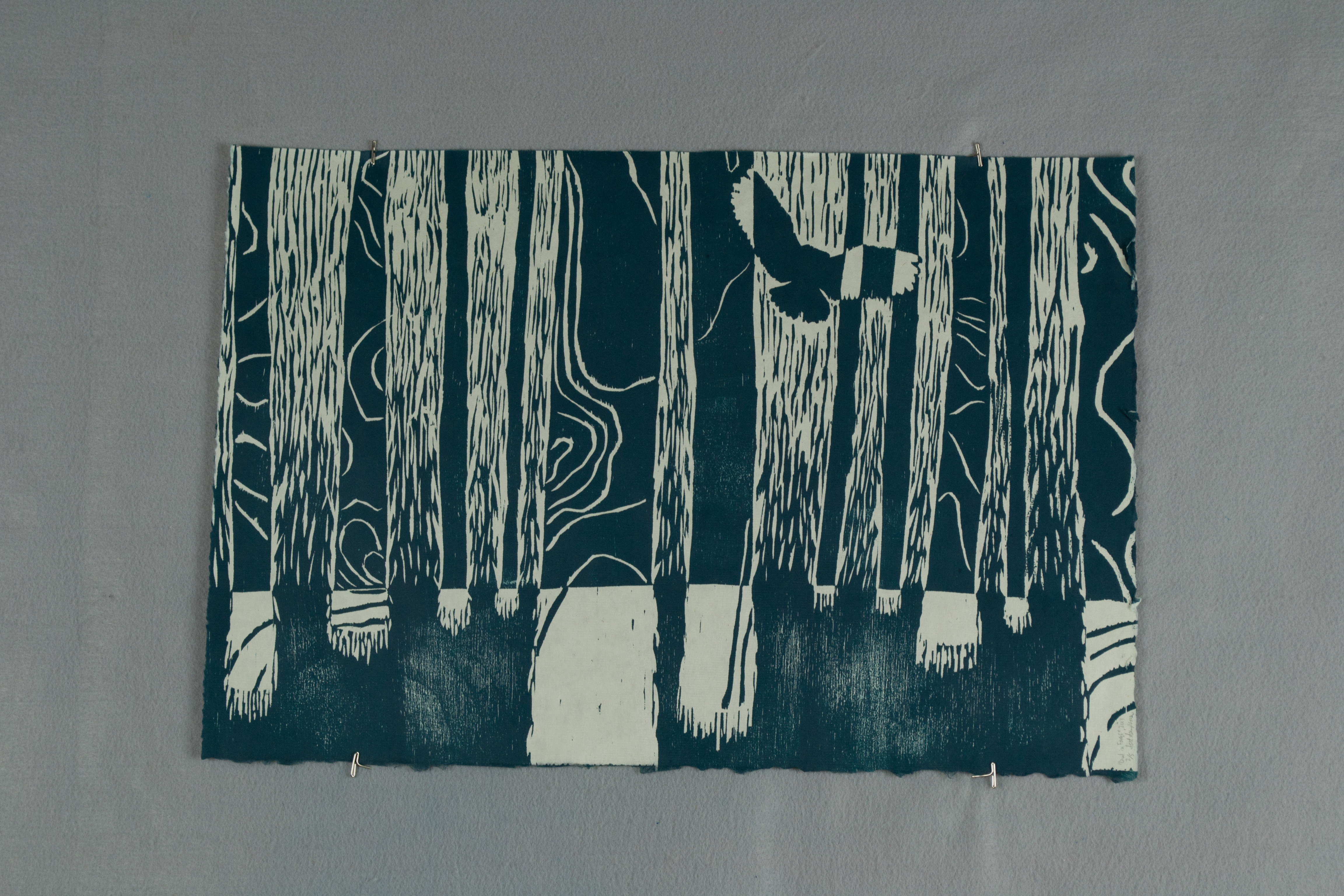 Owl in Woods by Sampson. Links to Printmaking page.